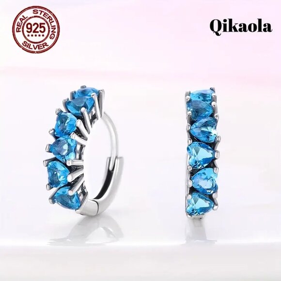 Beautiful Huggie Hoop Earrings with Blue Zircon Heart Shaped Stones - Picture 3 of 4